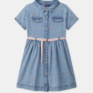 Abito camicia in denim con ricami floreali per ragazze
